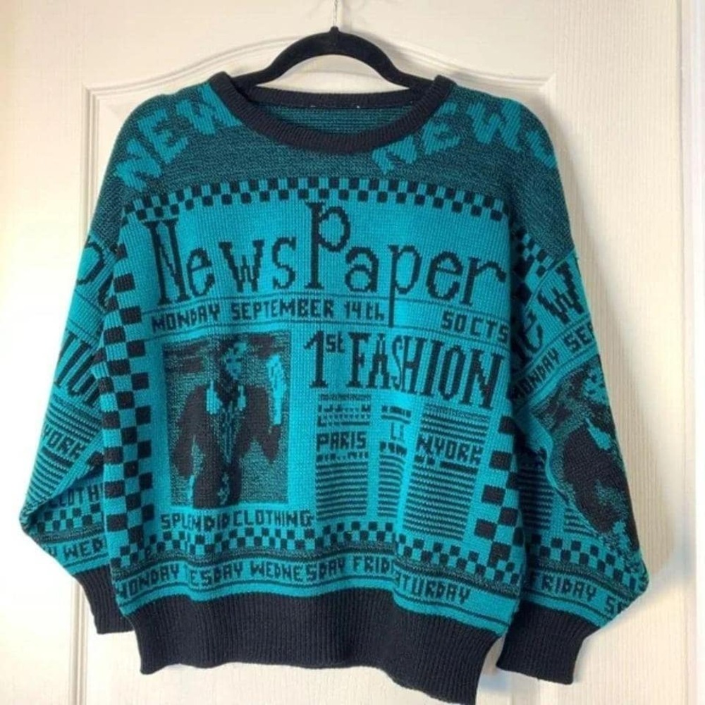 Vintage Newspaper Graphic Cropped Knit Sweater – Teal &‎ Black – Wide Sleeves M